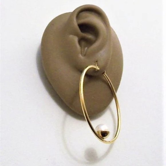 Single Pearl Hoops Pierced Stud Earrings Gold Vintage 50mm - Picture 6 of 6
